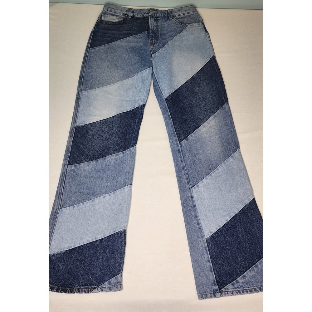 Revice Denim Patchwork High Rise Straight Leg Jeans Blue Multi Color Block 32
